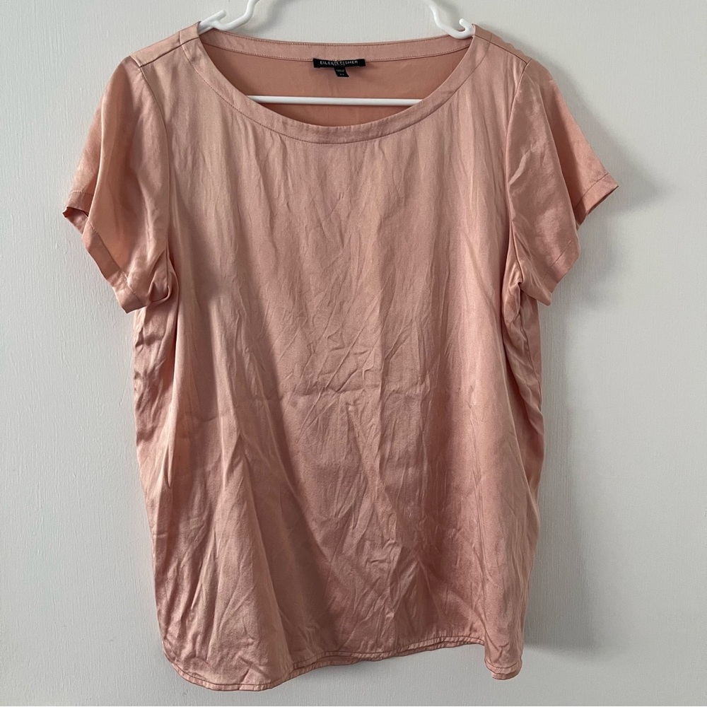 Eileen Fisher 95% Silk Short Sleeve Blouse Tee Petite Small Light Pink
